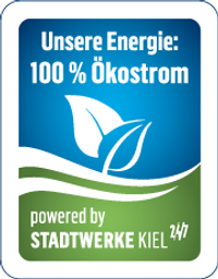 Wir nutzen 100% Ökostrom powered by Stadtwerke Kiel.